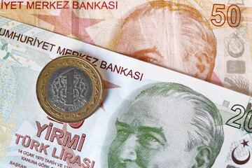 Turkish lira coin and banknotes