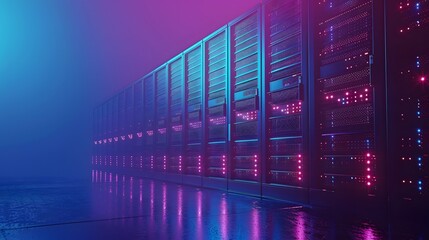 Modern data center hallway with glowing blue and pink lights, showcasing rows of server racks in a futuristic setting.