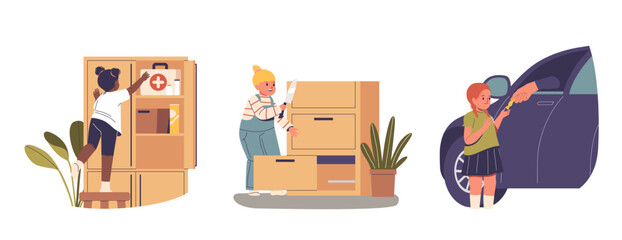 Children Engaging In Risky Behaviors, Reaching For A Medicine Cabinet, Playing With Knife And Taking Candy From Stranger