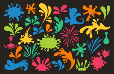 Vibrant Collection Of Colorful Abstract Water Splash, Paint Or And Ink Blobs On Black Background. Dynamic Vector Design