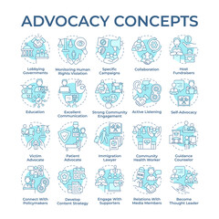 Advocacy soft blue concept icons. Public policy. Support and fight for human rights. Social justice. Community engagement. Icon pack. Vector images. Round shape illustrations. Abstract idea