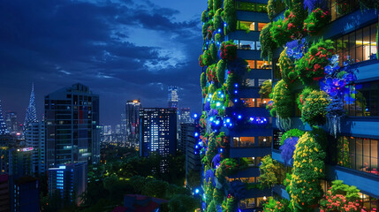 Obraz premium the nocturnal elegance of skyscrapers adorned with vibrant blooms at their zenith, a breathtaking blend of urban architecture and natural beauty.