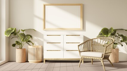 Mockup frame in living room interior 3d render. Farmhouse interior living room 3d render illustration