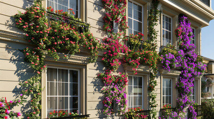 Fototapeta premium the subtle beauty of small flowers draping the building in a graceful cascade, offering a fresh perspective on architectural adornment.