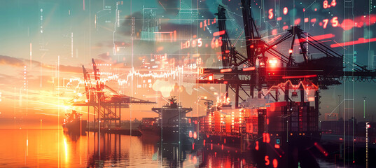 A cargo ship sits docked in a port at sunset, with data visualizations overlaid, illustrating the interconnectedness of global trade and technology