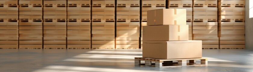Stacked cardboard boxes on wooden pallet in a large warehouse with rows of shelves in the background, sunlight casting shadows.