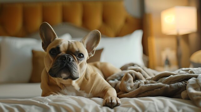 Cute frenchie lying on bed in a bed room