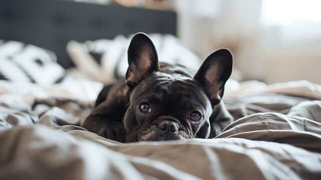 Cute frenchie lying on bed in a bed room