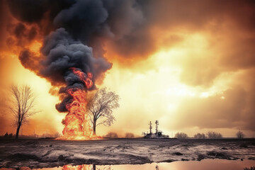 Fototapeta premium A raging fire erupts from an oil rig, billowing black smoke into the sky, casting an ominous orange glow on the landscape
