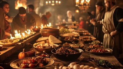 A medieval feast with traditional foods, music, and celebration creates an immersive, lively atmosphere.