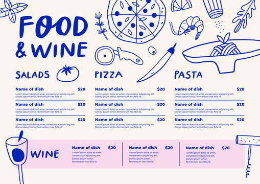 Restaurant menu hand drawn design. Cafe price catalog with food linear sketches.