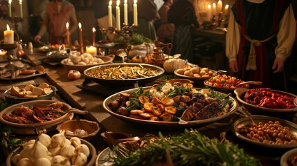 A medieval feast with diverse traditional dishes in a lively, history-evoking atmosphere.