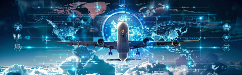 A futuristic aircraft takes off over a digital world map, showcasing the potential of advanced technology in air travel