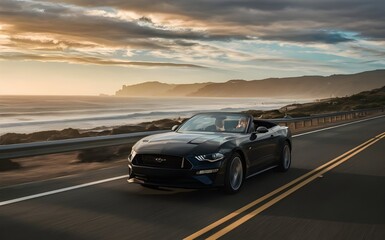 Obraz premium Scenic Coastal Drive: Blue Convertible Car with Ocean Views