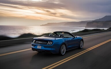 Fototapeta premium Scenic Coastal Drive: Blue Convertible Car with Ocean Views