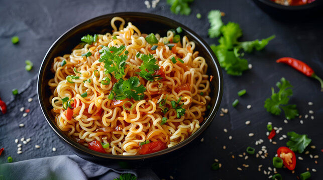 A black bowl with noodle. Noodle Day, world Noodle Day, international Noodle Day