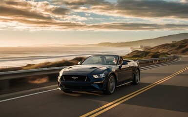 Fototapeta premium Scenic Coastal Drive: Blue Convertible Car with Ocean Views