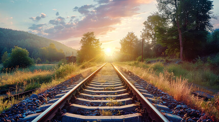 Obraz premium Railway tracks vanish into the horizon at sunset, merging with mountains in the distance, evoking feelings of adventure and opportunity