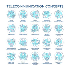 Telecommunications soft blue concept icons. Telecom industry. Wired and wireless connection. Signal transmission. Icon pack. Vector images. Round shape illustrations. Abstract idea