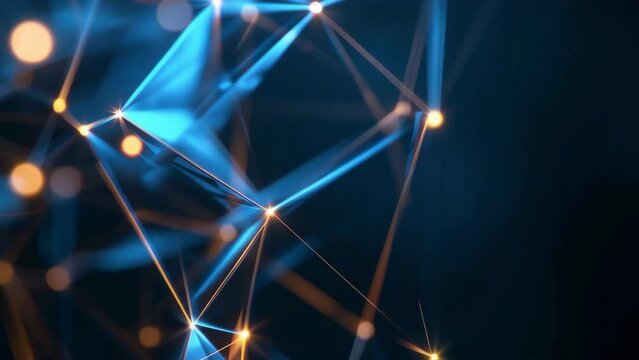 Abstract digital network background with glowing connections and geometric shapes in blue and orange tones, representing technology and communication.