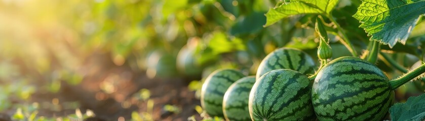 Vibrant green watermelons growing on a sunny day in a lush, thriving garden, showcasing the beauty of fresh, organic agriculture.