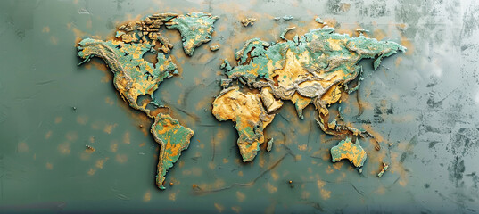 A textured world map with continents in shades of green and yellow, embossed on a weathered surface, creating a timeless and artistic representation of our planet