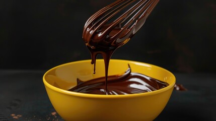 Fototapeta premium Chocolate mixture dripping into yellow bowl with plastic whisk on black background