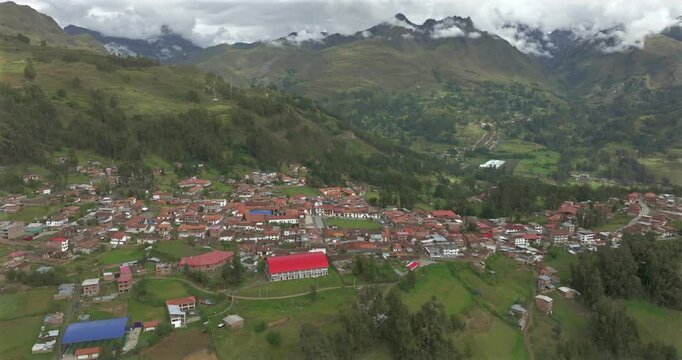 Panoramic aerial view of the city of Chacas in the Peruvian Andes.