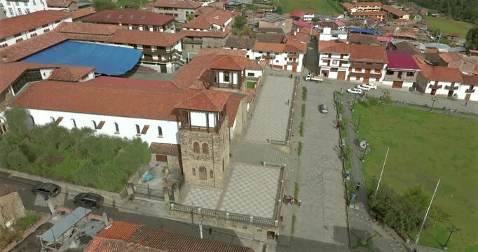 Aerial view of the church of Chacas, Ancash, in the Andes of Peru