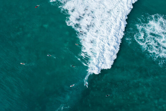 Aerial view of surfer on waves and surfers in ocean in Hawaii