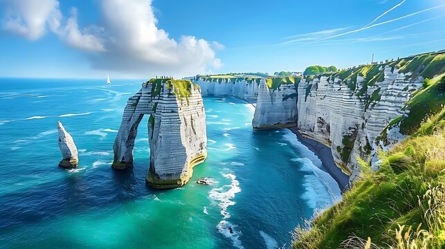 Etretat aval cliff rocks and arch landmark and blue ocean
