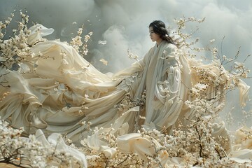 Person in Flowing Cream Gown with Blossoms