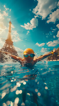 Olympic swimmer with the Eiffel Tower at the Paris 2024 Olympic Games