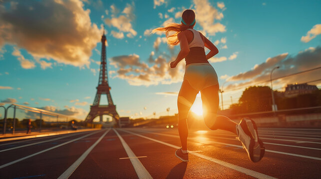 Woman athlete running Olympic Games in Paris 2024 Eiffel Tower