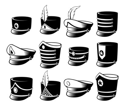Marching band hat headdress uniform musical orchestra costume silhouette icon set isometric vector