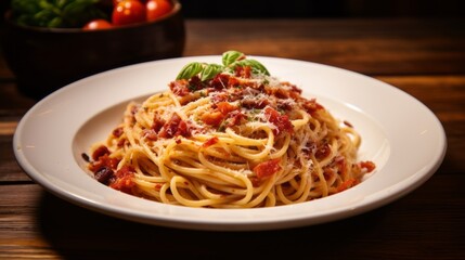 Authentic spaghetti alla amatriciana with crispy pancetta bacon, rich tomato sauce, and pecorino cheese, top view of traditional italian pasta dish on rustic wooden table, gourmet cuisine and deliciou
