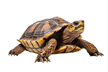 Obraz premium Realistic 3d rendered turtle isolated on transparent background, PNG style illustration of a sea turtle with detailed texture and natural coloring, ideal for marine life and ocean-themed design projec