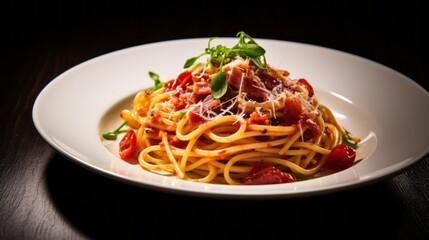 Authentic spaghetti alla amatriciana with crispy pancetta bacon, rich tomato sauce, and pecorino cheese, top view of traditional italian pasta dish on rustic wooden table, gourmet cuisine and deliciou