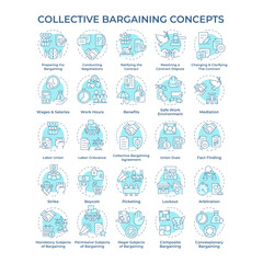 Collective bargaining soft blue concept icons. Negotiations process. Labor relations. Employee rights. Labor unions. Icon pack. Vector images. Round shape illustrations. Abstract idea