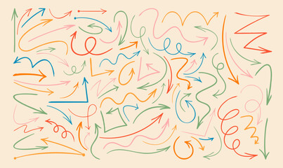 Vibrant Collection Of Hand-drawn Arrows In Various Shapes And Colors, Pointing In Different Directions