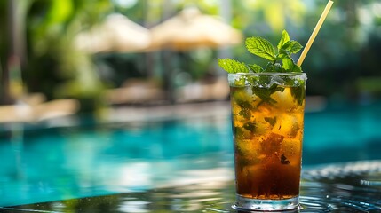 Fresh Ice Tea glass drink with mint and paper straw served at pool