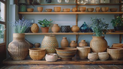 Fototapeta premium Wicker Baskets and Flower Arrangement on Wooden Shelves