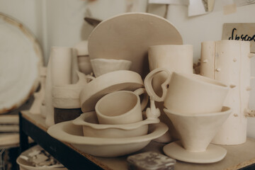  Selection of traditional ceramics in Moroccan workshop in Fes, Morocco