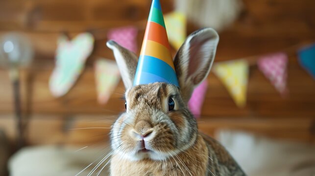 Funny a bunny rabbit wearing a birthday hat