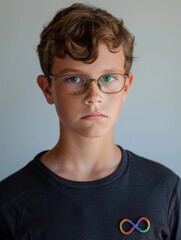 Fototapeta premium A young boy wearing glasses and a casual t-shirt, suitable for everyday use or as a character in a story