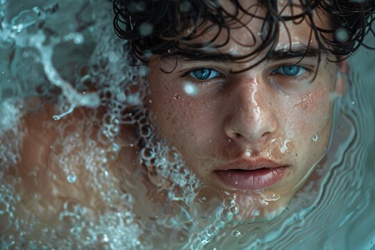 A young man with light, wavy hair is fearful of the chilly bathtub water, captured in a full-length close-up shot as he submerges.