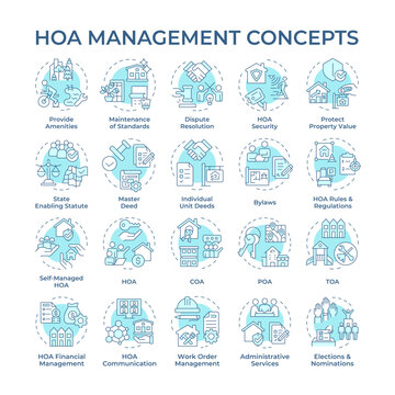 HOA management soft blue concept icons. Home owner association. Property management. Neighborhood. Administrative tasks. Icon pack. Vector images. Round shape illustrations. Abstract idea