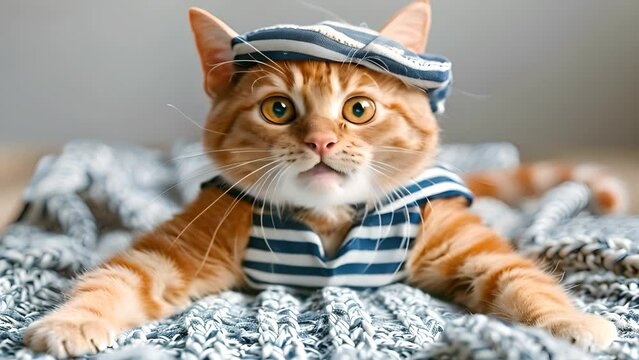 Funny red kitten in striped cap and singlet lying on bed looking at camera.