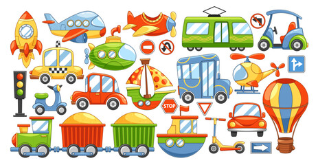 Naklejka premium Colorful Cartoon Set Of Various Transportation Vehicles. Vector Cars, Train, Plane, Hot Air Balloon, Boats And Scooters