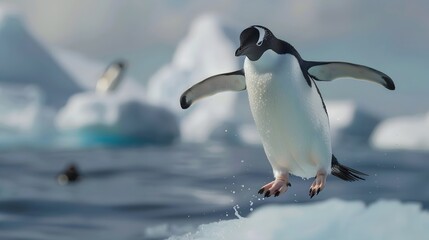 Obraz premium penguin jumping between two ice floes background,generative ai